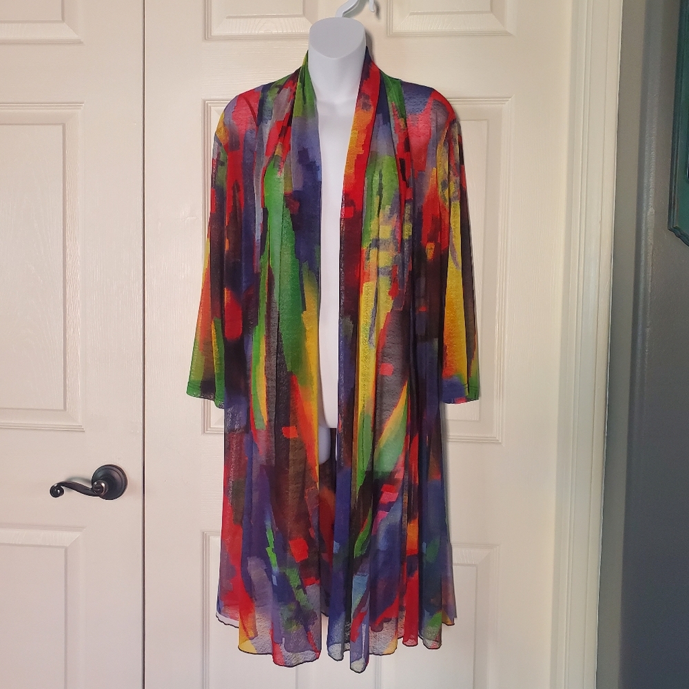 Lilia Multicolor Abstract Sheer Cardigan Artsy Bohemian Cover-Up XXL Long Sleeve